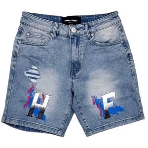 Homme + Femme Men's Hand Paint Logo Distressed Denim Jean Shorts With Rips